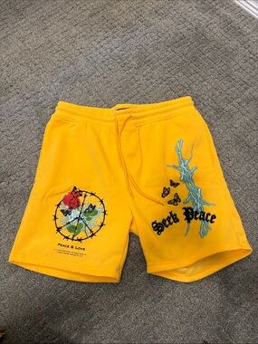 Yellow Graphic Mens Shorts with Peace & Love Print